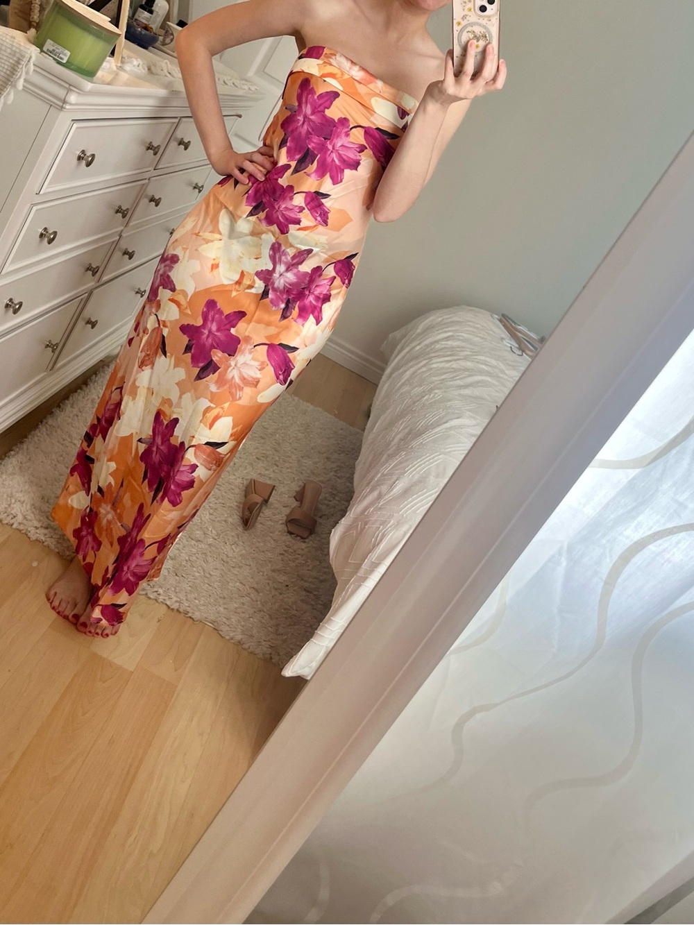 Hello Molly Strapless Floral Maxi Dress in Orange and Magenta